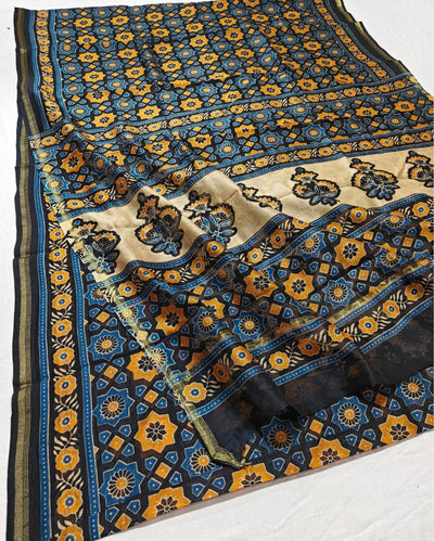 Indiehaat | Chanderi Silk Ajrakh Print Saree Blue