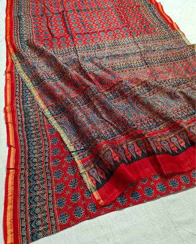 Indiehaat | Chanderi Silk Ajrakh Print Saree Red