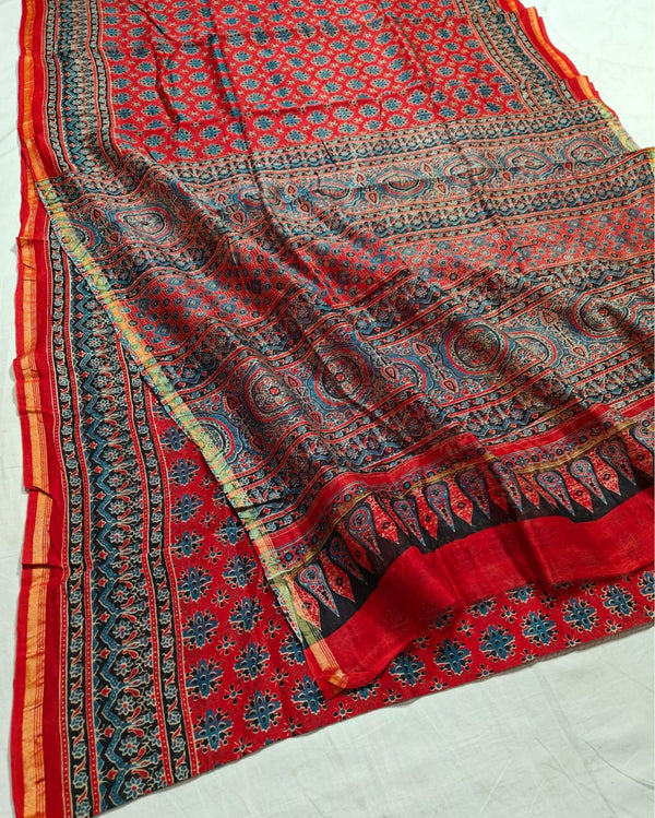 Indiehaat | Chanderi Silk Ajrakh Print Saree Red