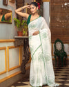 Indiehaat | Mul Cotton Printed Saree White & Green