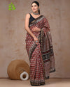 Indiehaat | Maheshwari Silk Saree  Burgundy Color Bagru Handblock Printed with Running Blouse (Silk by Silk)