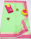 Refreshing Mint Green Kota Doria Gota Patti Saree With Bandhej Border | Indiehaat