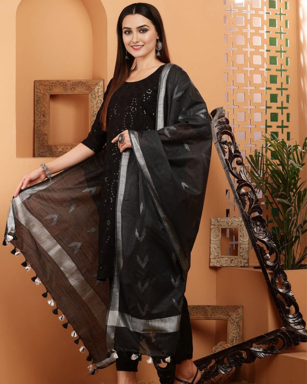 Indiehaat | Pure Cotton Black Ikkat Dupatta