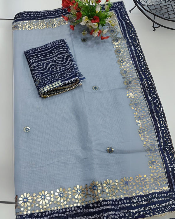 Indiehaat | Kota Cotton Gota Patti Gray & Blue Saree