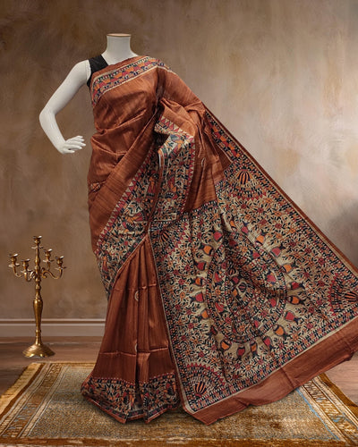 Indiehaat | Madhubani Handpainted Tussar Silk Brown Saree