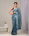 Indiehaat | Linen Saree Blue Color Kalamakari Handblock Printed With Running Blouse