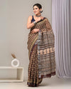 Indiehaat | Linen Saree Multi Color Kalamakari Handblock Printed With Running Blouse