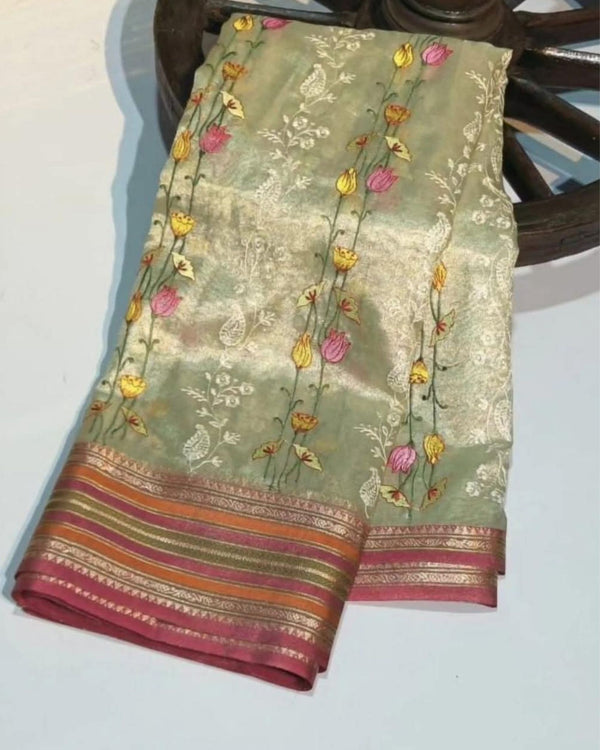 Indiehaat | Banarasi Tissue Silk Beige Embroidered Saree