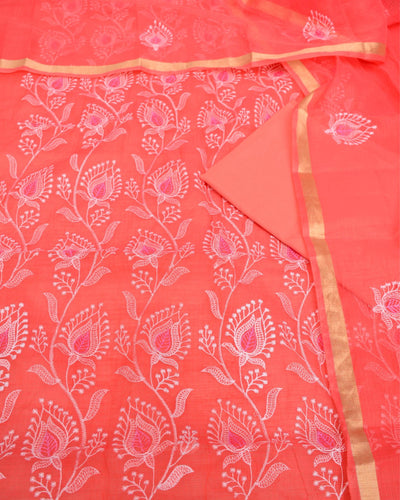 Indiehaat|Kota Doria Embroidered Red Suits(Top+Bottom+Dupatta)