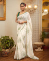 Indiehaat | Mul Cotton Printed Saree White & Green