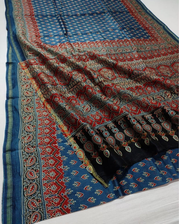 Indiehaat | Chanderi Silk Ajrakh Print Saree Blue