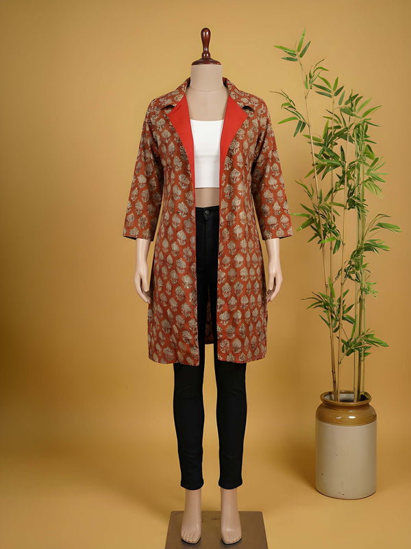 Avaran Roop Pure Cotton Blockprint Winter Jacket Rust Orange