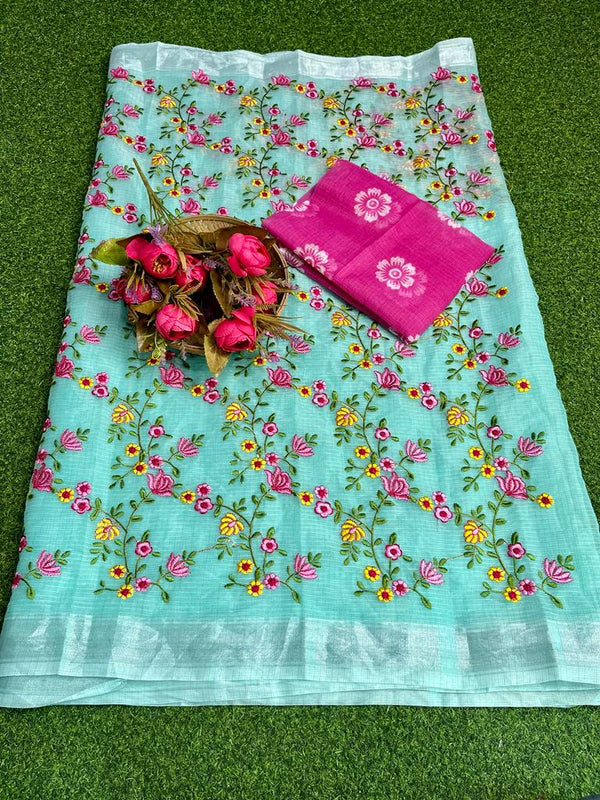 Kota Doria Full Floral Jaal Embroidery Saree