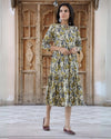 IndieHaat | Cotton One Piece Beige Frill Dress Handblock Print Ajrakh Dabu Size 38 to 50