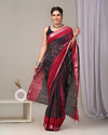 Indiehaat | Linen Saree Gray And Red Color Kalamakari Handblock Printed With Running Blouse