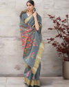 Indiehaat | Banarasi Brocade Silk Linen Gray Saree