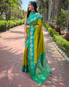 Indiehaat | Soft Silk Floral Border Contrast Zari Woven Mehendi Green Saree