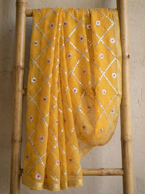 Pankhudi Gota Patti Sunny Yellow Kota Cotton Saree