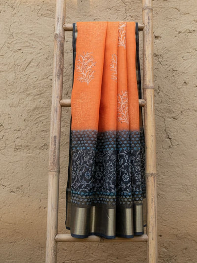 Craft Couture Blockprinted Kota Doria Orange & Black Saree
