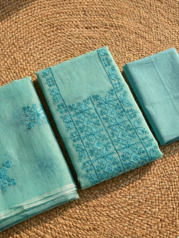 Kashidakari Kota Doria Embroidered Maya Blue Suit