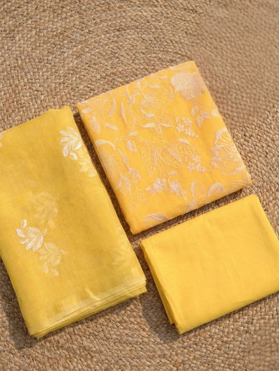 Kashidakari Kota Doria Embroidered Golden Yellow Suit (T+B+D)