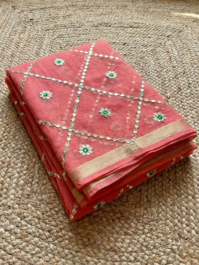 Pankhudi Gota Patti Peach Kota Cotton Saree