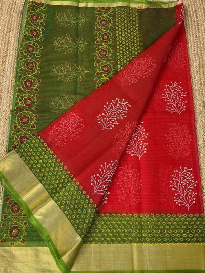 Craft Couture Blockprinted Kota Doria Red & Green Saree