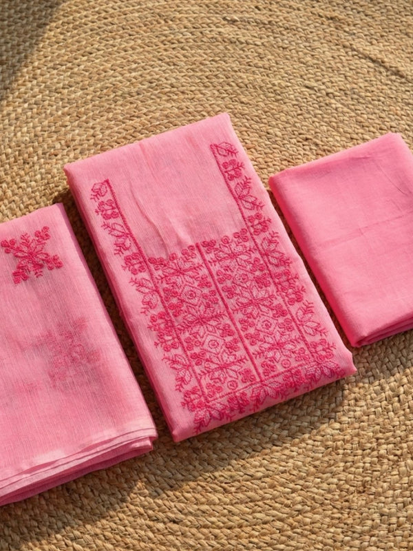 Kashidakari Kota Doria Embroidered Dark Pink Suit (T+B+D)