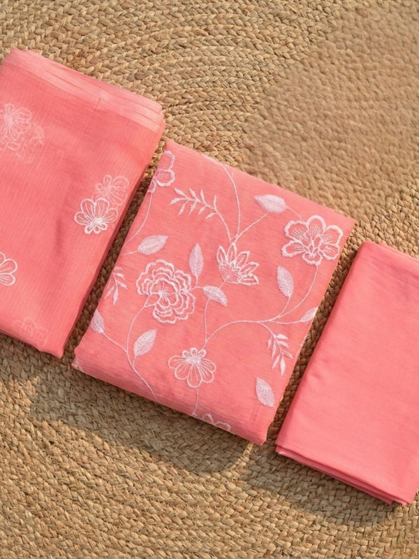 Kashidakari Kota Doria Dark Peach Embroidered Suit (T+B+D)