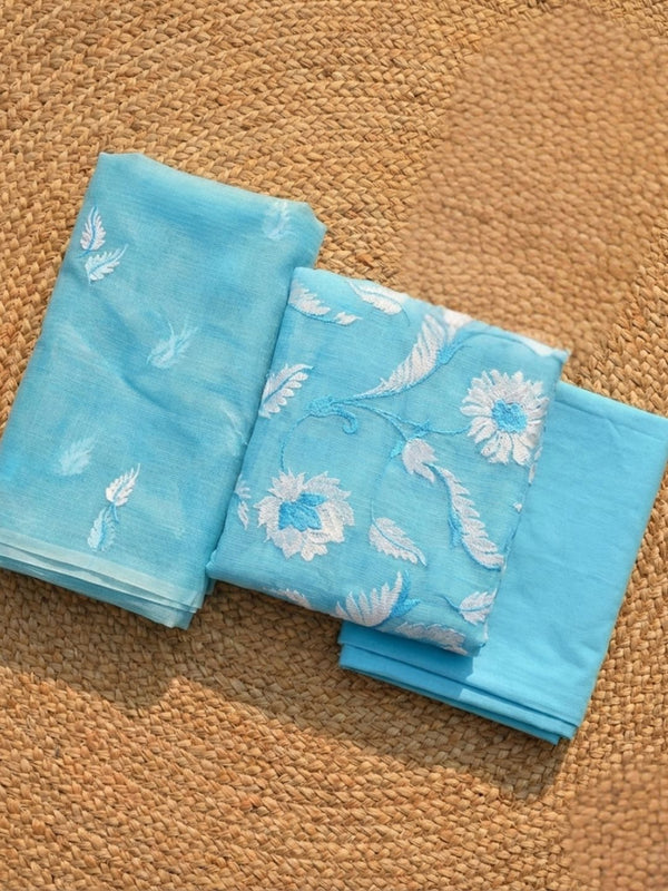 Kashidakari Kota Doria Embroidered Calm Blue Suit (T+B+D)