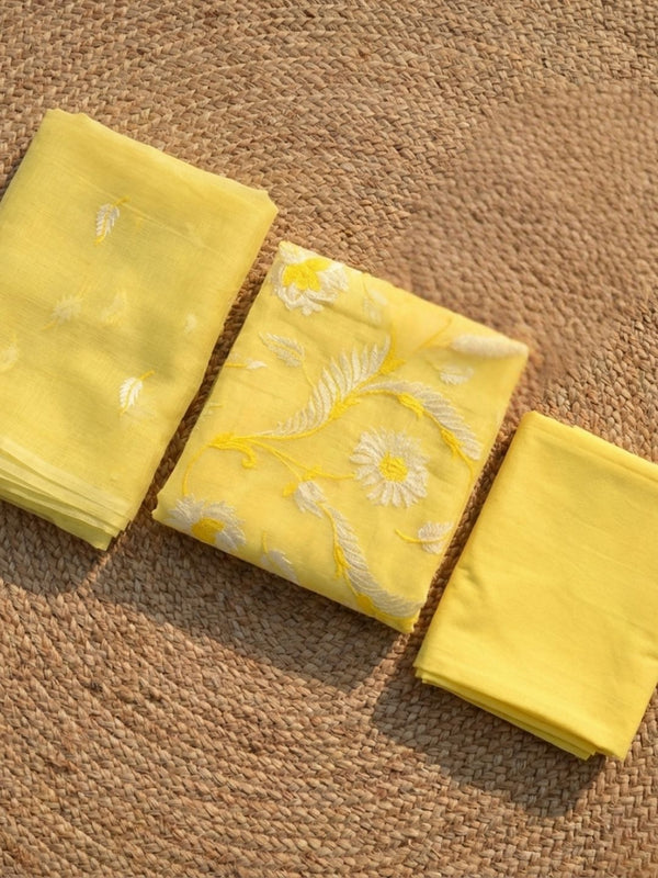 Kashidakari Kota Doria Sunny Yellow Embroidered Suit (T+B+D)