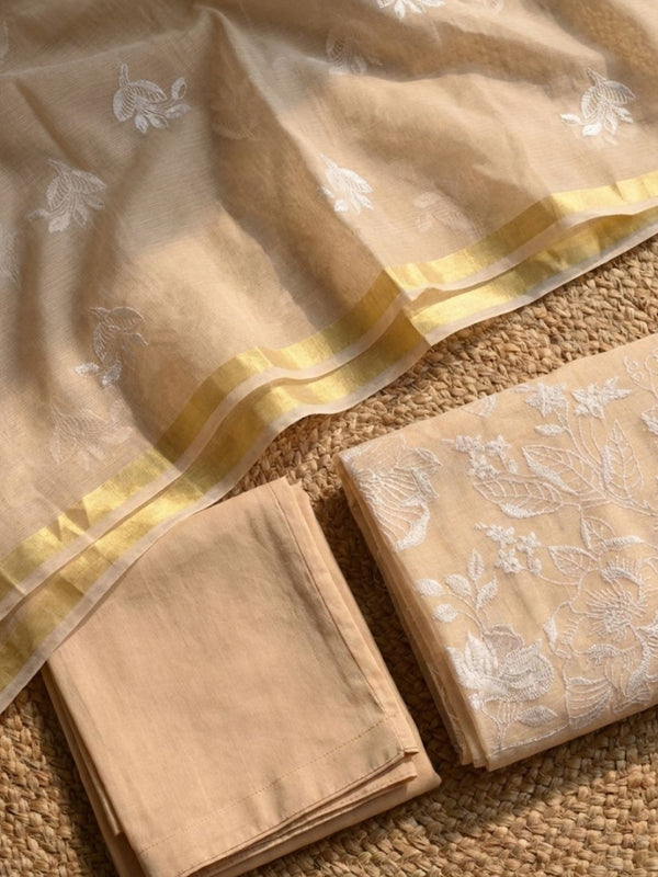 Kashidakari Kota Doria Embroidered Light Brown Suit (T+B+D)