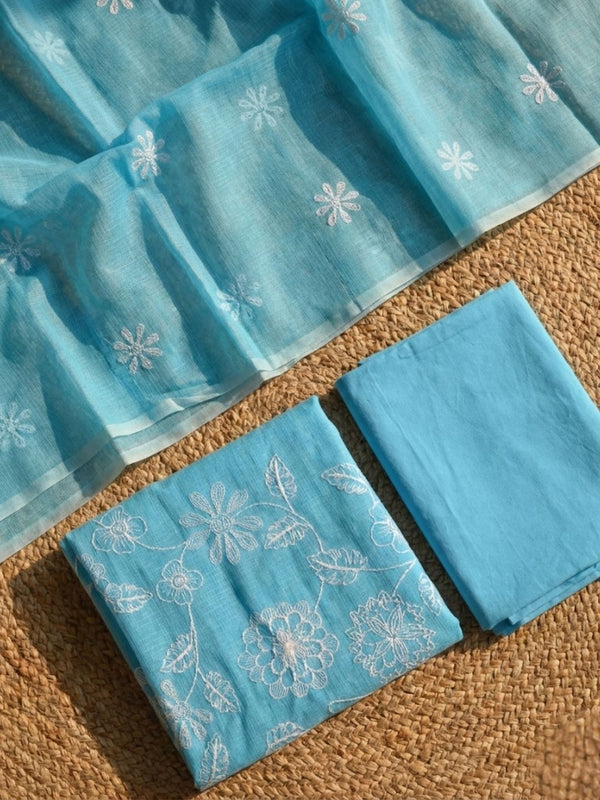 Kashidakari Kota Doria Embroidered Electric Blue Suit (T+B+D)