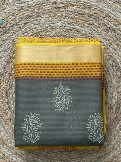 Craft Couture Blockprinted Kota Doria Gray & Mustard Saree