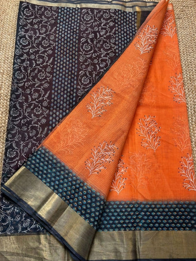 Craft Couture Blockprinted Kota Doria Orange & Black Saree