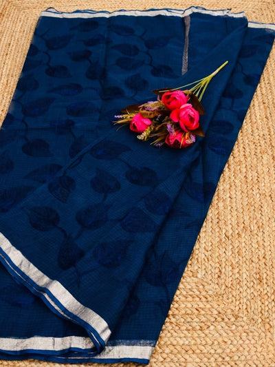 Pankhudi Kota Doria Navy Blue Saree Embroidered