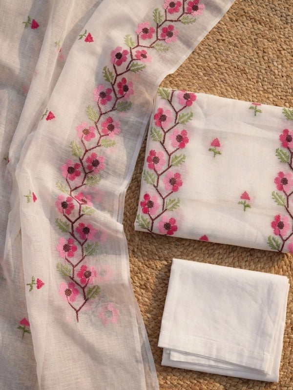 Kashidakari Kota Doria Embroidered Bright White Suit