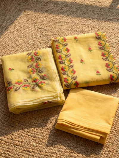 Kashidakari Kota Doria Embroidered Flax Yellow Suit (T+B+D)