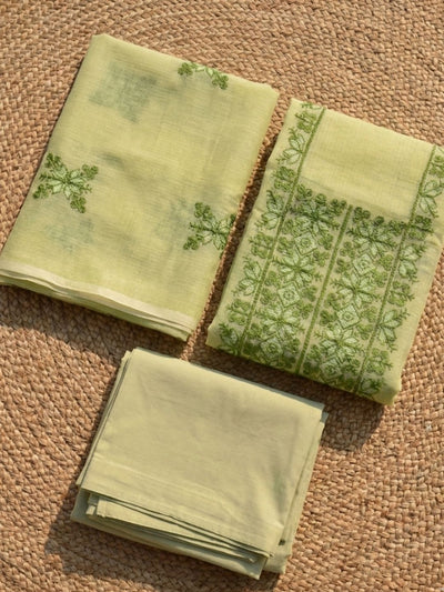 Kashidakari Kota Doria Embroidered Pastel Green Suit