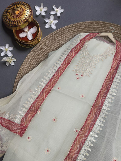 Glimmering Kota Doria Gota Patti Bright White Suit (T+B+D)