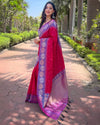 Indiehaat | Soft Silk Floral Border Contrast Zari Woven Pink Saree