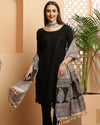 Indiehaat | Katan Silk Blockprint Dupatta Black