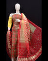 Indiehaat|Kota Doria Gota Patti Red & Yellow Suit(Top+Bottom+Dupatta)