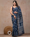 Indiehaat | Maheshwari Silk Saree Indigo Color Bagru Handblock Printed with Running Blouse (Silk by Silk)