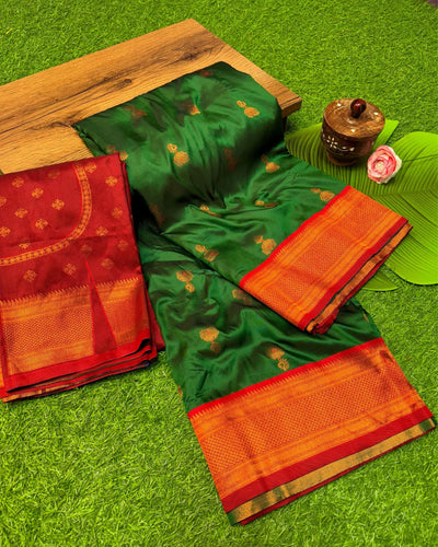 Indiehaat | Paithani Silk Meenakari Buti Embroidery Saree Green