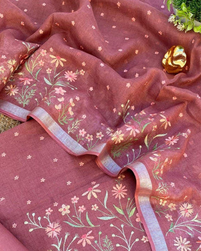 Indiehaat | Pure Linen Embroidery Suit Pink