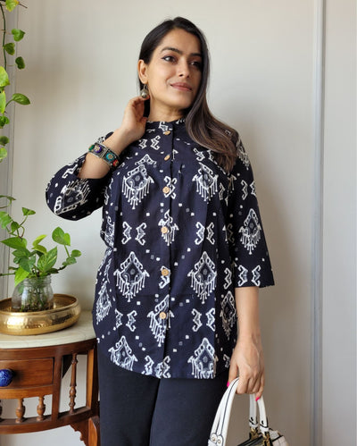 Indiehaat | Kanchi Cotton Peplum Tops Intense Black BlockPrinted