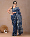 Indiehaat | Maheshwari Silk Saree Indigo Color Bagru Handblock Printed with Running Blouse (Silk by Silk)