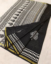 Indiehaat | Blockprint Chanderi Silk Saree in Black & White | Elegant Monochrome Saree