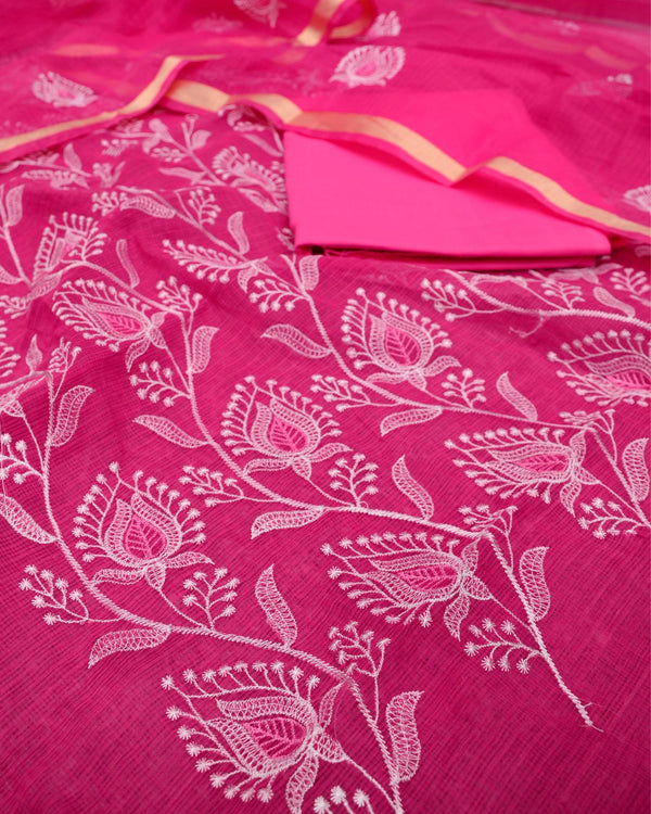 Indiehaat|Kota Doria Embroidered Pink Suits(Top+Bottom+Dupatta)